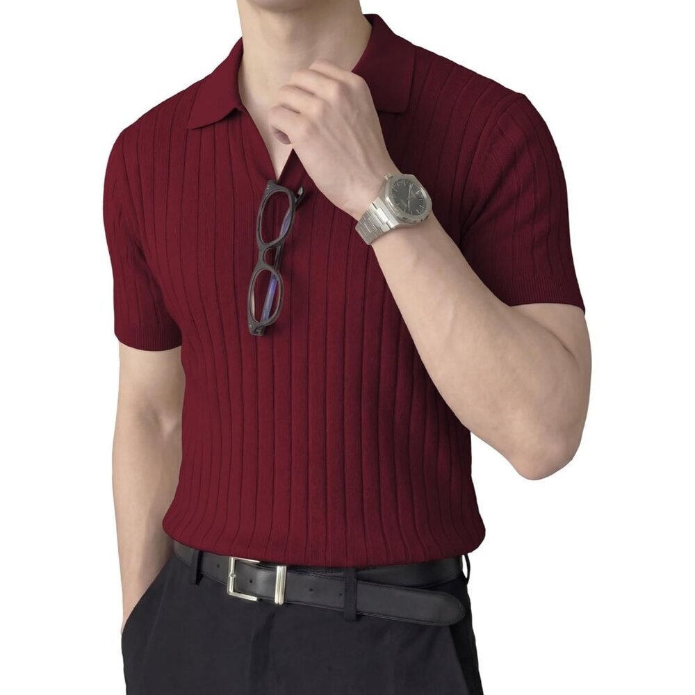 Men's Red Short Sleeve Knit Polo Shirts Ribbed Texture Johnny Collar Sweater